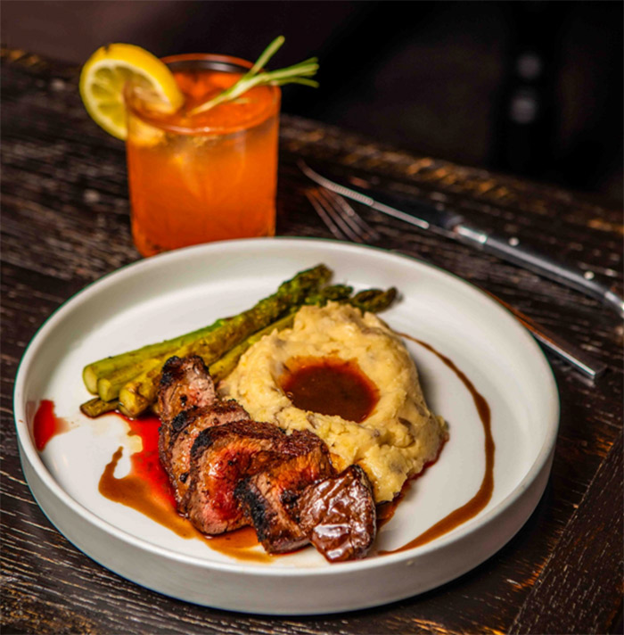 beef, potatoes, asparagus